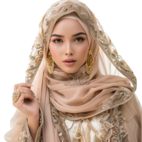 AI generated So pretty muslim model wearing finest dress and jewelry isolated on transparent background png