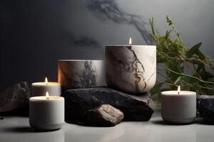 AI generated Candles with marbled design lit in tranquil harmony on a stone surface, accompanied by subtle greenery, atmosphere of natural elegance and peaceful contemplation, meditative. photo