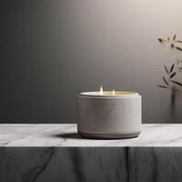 AI generated On a stone surface, a lit candle within a rock-textured container brings a calming presence, blending nature-inspired design with modern simplicity, isolated, copy space. photo