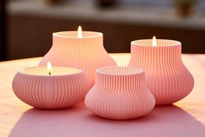 AI generated Three pink round coral-hued candles with a pleated design, glowing warmly at dusk, arranged on a blurred surface, evoke a cozy and inviting ambiance. photo