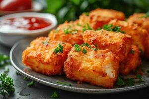 ai generado un plato de queso Mozzarella palos en el cocina mesa profesional publicidad comida fotografía foto