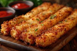 AI generated a plate of Mozzarella Sticks in the kitchen table professional advertising food photography photo