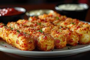 AI generated a plate of Mozzarella Sticks in the kitchen table professional advertising food photography photo