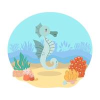 Sea horse is a sea animal against the backdrop of a sea or ocean landscape. Vector illustration