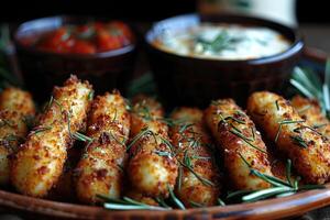 AI generated a plate of Mozzarella Sticks in the kitchen table professional advertising food photography photo