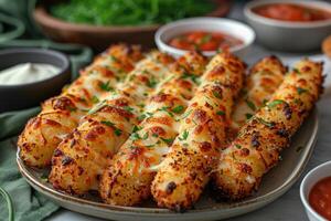 AI generated a plate of Mozzarella Sticks in the kitchen table professional advertising food photography photo