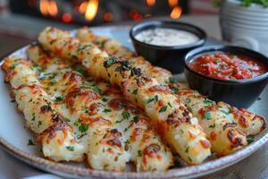 AI generated a plate of Mozzarella Sticks in the kitchen table professional advertising food photography photo