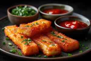 AI generated a plate of Mozzarella Sticks in the kitchen table professional advertising food photography photo