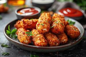 AI generated a plate of Mozzarella Sticks in the kitchen table professional advertising food photography photo