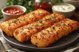 AI generated a plate of Mozzarella Sticks in the kitchen table professional advertising food photography photo