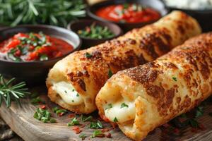 AI generated a plate of Mozzarella Sticks in the kitchen table professional advertising food photography photo