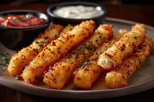 AI generated a plate of Mozzarella Sticks in the kitchen table professional advertising food photography photo