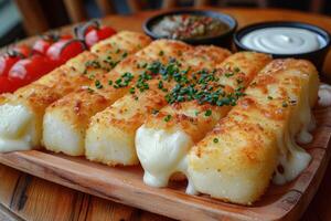 AI generated a plate of Mozzarella Sticks in the kitchen table professional advertising food photography photo