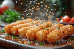 AI generated a plate of Mozzarella Sticks in the kitchen table professional advertising food photography photo