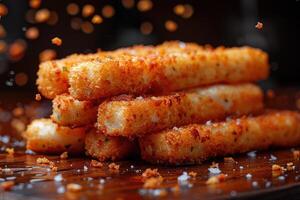 AI generated a plate of Mozzarella Sticks in the kitchen table professional advertising food photography photo