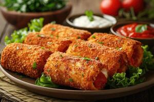 AI generated a plate of Mozzarella Sticks in the kitchen table professional advertising food photography photo