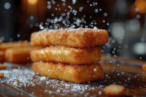 AI generated a plate of Mozzarella Sticks in the kitchen table professional advertising food photography photo