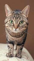 AI generated Short haired tabby cat poses arrogantly, a funny and cute portrait Vertical Mobile Wallpaper photo