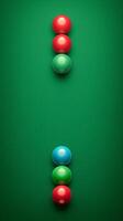 ai generado pelotas para billar snooker arreglado en un verde jugando superficie vertical móvil fondo de pantalla foto