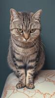 ai generado corto peludo atigrado gato poses arrogantemente, un gracioso y linda retrato vertical móvil fondo de pantalla foto