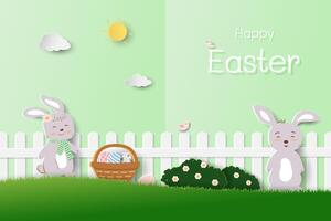 Easter's day greeting card with cute bunny and easter eggs in the garden,paper cut and craft style vector