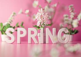 AI generated 3D Rendered 'SPRING' Text Surrounded by Pink Blossoms for Seasonal Promotions photo