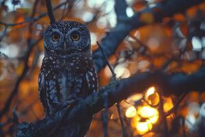 AI generated Beautiful owl sitting on a tree branch in the autumn forest. photo