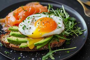 ai generado lado soleado arriba huevo en aguacate tostada, ahumado salmón, Rúcula guarnación. un gastrónomo comida eso es como nutritivo como eso es fotogénico, ideal para moderno culinario tendencias foto