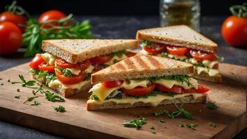 AI generated delicious appetizing sandwich bacon and cheese, cheese, tomatoes photo