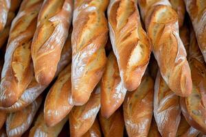 ai generado filas de crujiente, dorado baguettes Fresco desde el panadería, mostrando el textura y detalle de artesano horneando. ideal para contenido relacionado a gastrónomo comida o europeo cocina foto