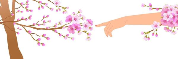 The flowers on the branches of the cherry tree begin to bloom at the touch of a hand. The concept of the arrival of spring and the awakening of nature after winter. Vector illustration.