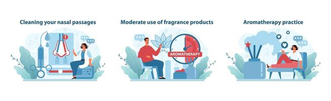 Nasal Hygiene and Aromatherapy Set. Illustrations on nasal cleaning, fragrance use moderation. vector
