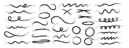 Hand drawn wavy strokes, crosshatching, circles. Decorative graphic elements. Black brush strokes and pencil and ink strokes. Typographic tails of strokes. Vector illustration.