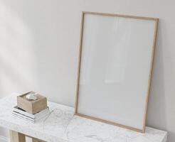 Mockup frame, poster empty close up in home design on top marble console,modern interior design element mockup, 3d rendering. photo