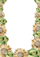 oogst waterverf frame.groente kaart ontwerp en seizoensgebonden bloemen. kool en zonnebloemen botanisch patroon. bewerkbare banier voor uitnodiging en afdrukken. png