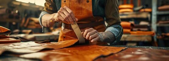 AI generated Leatherworker, Craftsman in detailed work on handmade leather goods, focusing on the art of leather crafting with precision and a rich warm tone in each bag. photo