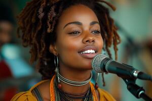 ai generado un mujer con rastas es sonriente mientras canto dentro un micrófono foto