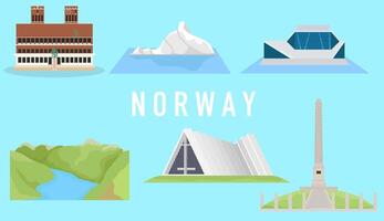 Set of flat vector illustrations of Norway's landmarks. Cute cartoon style, bright colors
