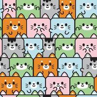 Repeat.Seamless pattern of cute colorful cat in square shape background.Pet animal character cartoon design.Meow lover.Print screen.Kawaii.Vector.Illustration. vector