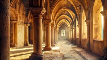 ai generado calentar luz de sol filtros mediante un antiguo del monasterio arqueado pasillo foto