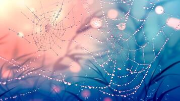 AI Generated Dew-adorned spider web at sunrise photo