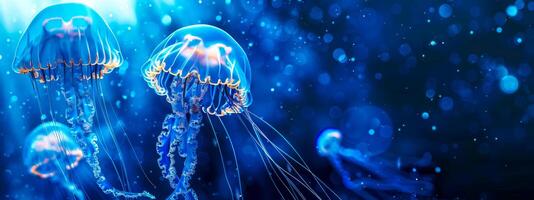 AI Generated Neon jellyfish glowing with bio-luminescence against a dark blue ocean backdrop photo