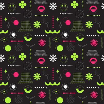 Pink and green seamless pattern with neon acidic abstract geometric, bold, linear shapes. Brutalism, retro futurism style. inspired. For web design, covers, textile. Vector illustration on black