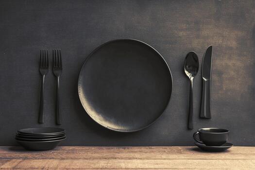 ai generado hora de comer elegancia parte superior ver de negro plato con utensilios foto