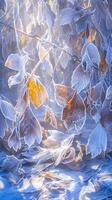 AI generated Icy tranquility Fallen leaves adorned with hoarfrost in a snowy park Vertical Mobile Wallpaper photo