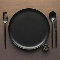 ai generado hora de comer elegancia parte superior ver de negro plato con utensilios para social medios de comunicación enviar Talla foto