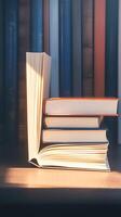 AI generated Distance learning charm Blurred books symbolize education and business Vertical Mobile Wallpaper photo