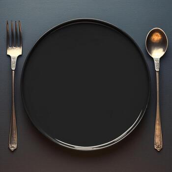 ai generado hora de comer elegancia parte superior ver de negro plato con utensilios para social medios de comunicación enviar Talla foto