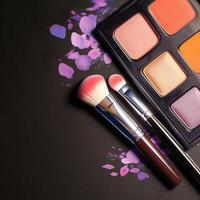 ai generado belleza esenciales maquillaje cepillo y paleta en un negro antecedentes para social medios de comunicación enviar Talla foto