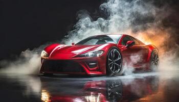 AI generated Red shiny sports car with smoke coming out of it and light reflecting off headlightsoming out of it photo